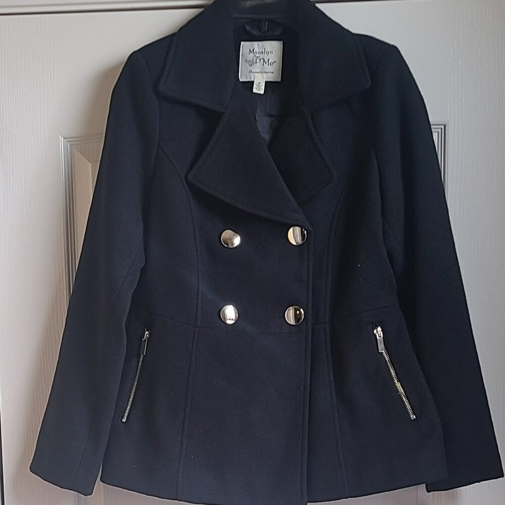 MARALYN & ME JUNIORS DOUBLE-BREASTED PEACOAT, BLACK, MEDIUM